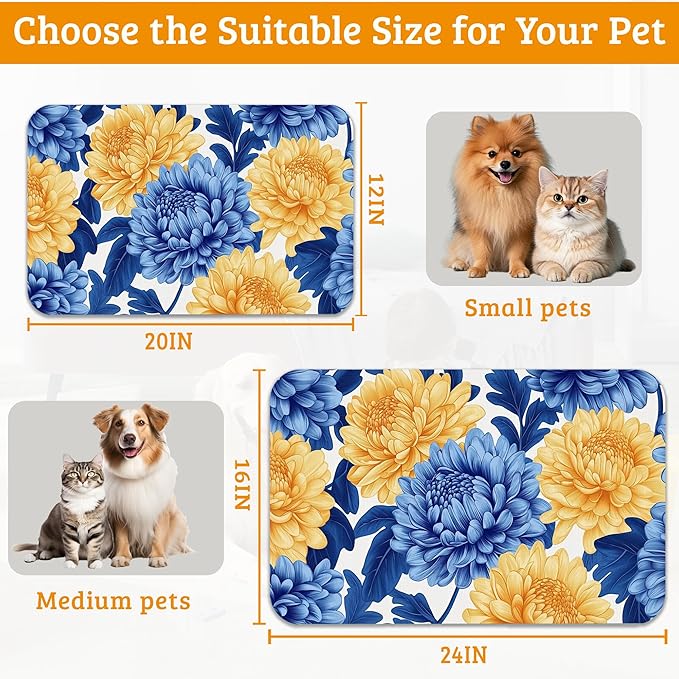 Blue Yellow Flowers Dog Food Mat, Absorbent Pet Feeding Mat for Food and Water Bowl,Quick Dry Dog Placemat Non Slip Rubber Backing Waterproof Pet Supplies 12" x 20"