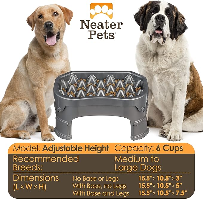 Neater Pet Brands – Neater Raised Slow Feeder Dog Bowl – Elevated and Adjustable Food Height - (6 Cup, Gunmetal)