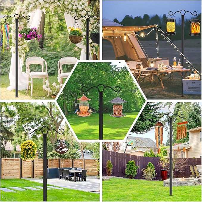 SINLEY Double Shepherds Hook for Outdoor with 5 Prong Base 90 Inch Heavy Duty Two Sided Bird Feeder Pole for Hanging Lantern,Hummingbird Feeder,Lightweight Plant,Shepherds Hook for Bird Feeders