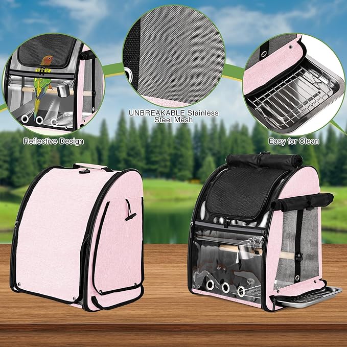 Sanmoncare Bird Carrier Backpack with Stainless Steel Mesh, Parrot Travel Cage with Stand, Easy to Clean, Portable Conures Travel Bag, Pet Breathable Travel Cage