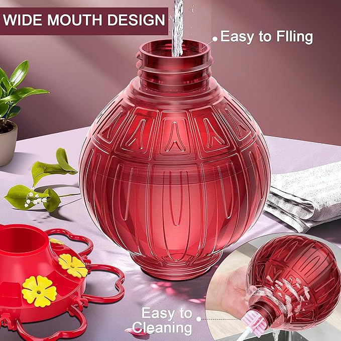 Hummingbird Feeders for Outdoors Hanging with Leak-Proof Base - 28oz Large Capacity Shatter-Resistant Hummingbird Feeder, Bottom Fill Wide Mouth Design & Ant/Bee Guards - Garden Decor (Red)