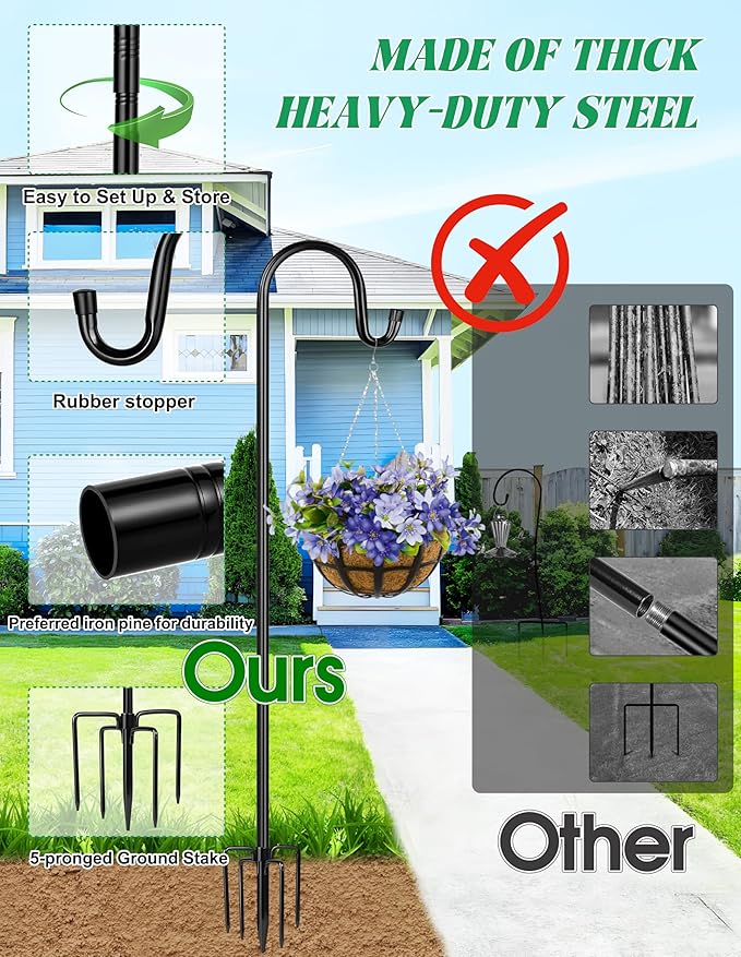 XDW-GIFTS Bird Feeder Pole for Outdoor, 2-Pack 92 Inch Shepherds Hooks Heavy Duty Garden Pole for Hanging Plant Basket, Solar Light Lanterns, Garden Plant Hanger Stands with 5 Base Prongs