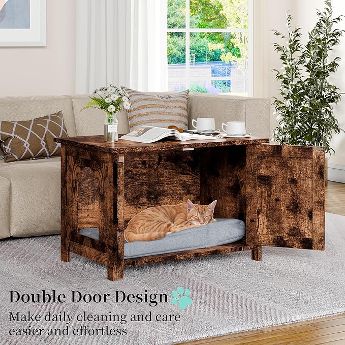 Vongrasig Cat Litter Box Enclosure,Litter Box Furniture Hidden with Barn Door,Wooden Cat Washroom Furniture,Cat House,End Table, Fit Most of Litter Box, Brown