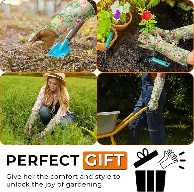 HANDLANDY Leather Gardening Gloves for Women, Scratch Resistant Breathable Ladies Rose Pruning Garden Gauntlet Yard Gloves, Gift for Gardeners (Khaki, M)