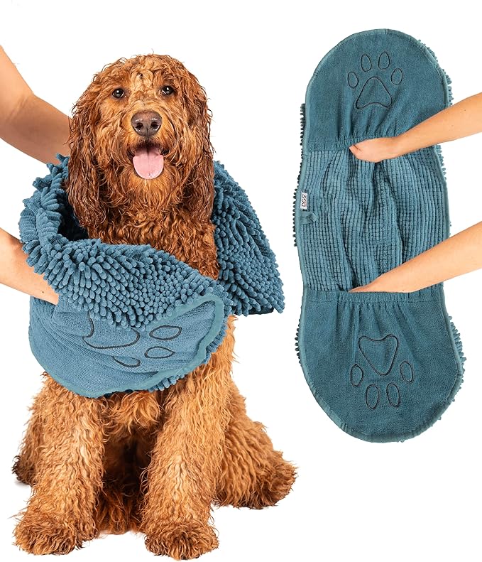 Dog Gone Smart The Dirty Dog Shammy - Fast Drying Plush Shammy Towel with Dual Hand Pockets and Elastic - Super Absorbent Microfiber and Machine Washable - Pacific Blue