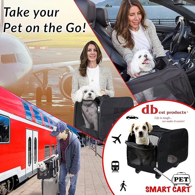 dbest products Smart Cart Pet Carrier with Wheels, Airline Approved Dog and Cat Carrier with Telescoping Handle, 21x12x12in, 24 lb Capacity, Black