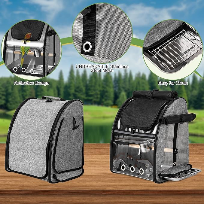 Sanmoncare Bird Carrier Backpack with Stainless Steel Mesh, Parrot Travel Cage with Stand, Easy to Clean, Portable Conures Travel Bag, Pet Breathable Travel Cage