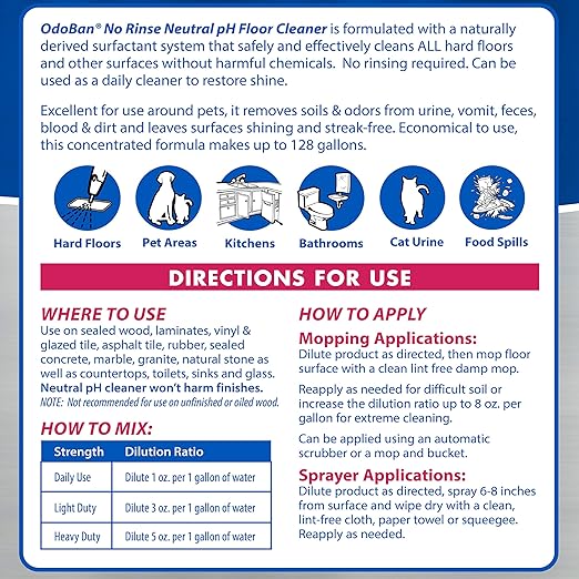 OdoBan Pet Solutions No Rinse Neutral pH Floor Cleaner Concentrate, Made in the USA, Splash O' Citrus Scent, 4 Gallons