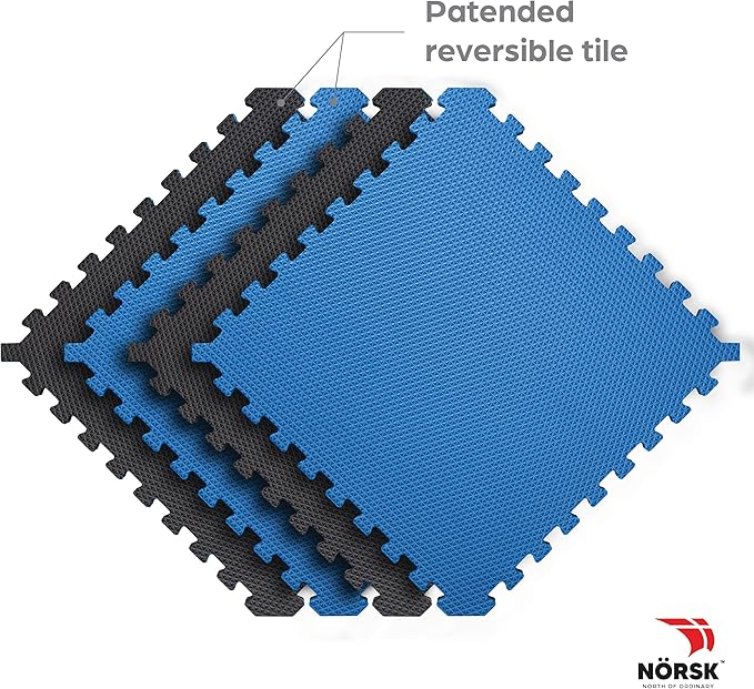 Norsk Reversible Exercise Mats 3/4" Thick EVA Interlocking Foam Tiles, Perfect Home Gym Flooring, 20 Tiles & 40 Trim Pieces, 80 Sq. Ft. 24"x24", Dazzling Blue/Black