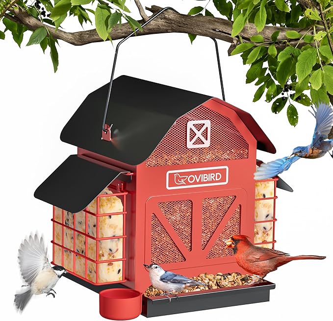 Bird Feeders for Outdoors Hanging, 5LBS Large Bird Feeder with 2 Suet Cage, Red Barn Metal Birds Feeder for Outside, Weather Resistant Cardinal Feeders, ldeal Birds Watching Gifts (Red)