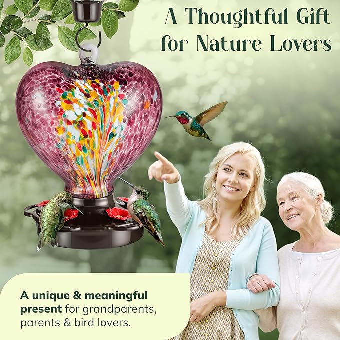 Hand Blown Glass Hummingbird Feeder for Outdoors All Season Use - 28 Fl. Oz. Leak Proof Hummingbird Feeder with Rust Proof Base - Includes Ant Moat, Ant & Bee Proof (Purple)