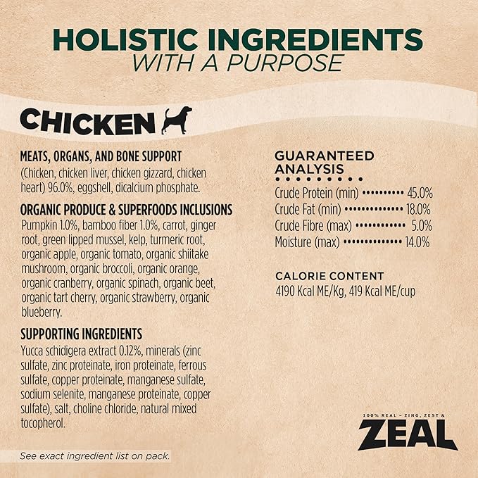 ZEAL Canada Air-Dried Chicken Recipe for Dogs - High Protein, Natural Superfoods, Nutrient Rich, No Fillers, Grain Free, Complete & Balanced (Chicken, 5 oz)