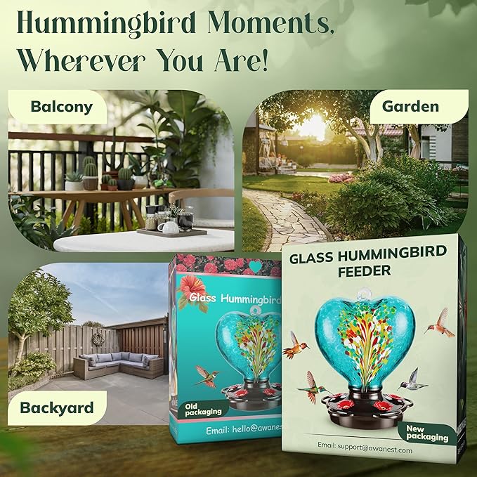 Hand Blown Glass Hummingbird Feeder for Outdoors All Season Use - 28 Fl. Oz. Leak Proof Hummingbird Feeder with Rust Proof Base - Includes Ant Moat, Ant & Bee Proof (Teal)