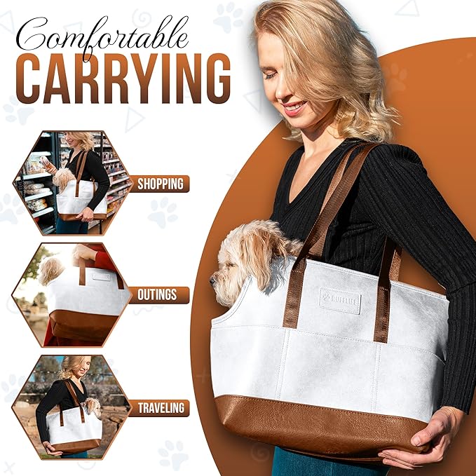 Luxury Dog Purse Carrier - White Faux Leather Pet Carrier, Secure Harness Clip, Tote Bag for Small Dogs and Puppies