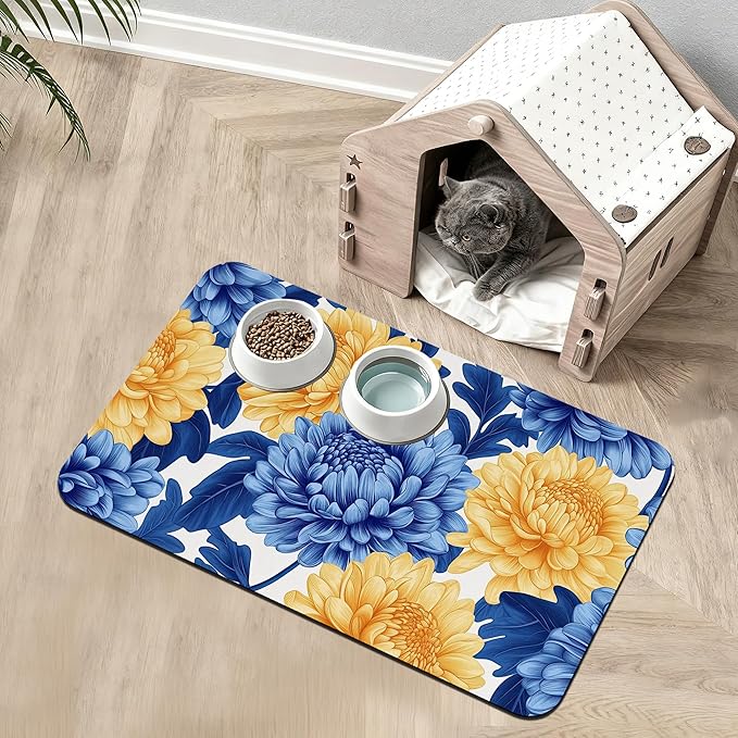 Blue Yellow Flowers Dog Food Mat, Absorbent Pet Feeding Mat for Food and Water Bowl,Quick Dry Dog Placemat Non Slip Rubber Backing Waterproof Pet Supplies 12" x 20"