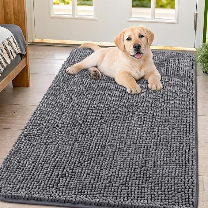 Smiry Dog Door Mat for Muddy Paws 47x32, Absorbs Moisture and Dirt Doormat, Non-Slip Washable Quick Dry Chenille Front Door Mat Indoor Entrance, Entryway Carpet for Inside Floor, Dark Grey