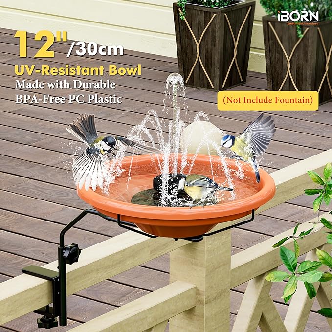 iBorn Bird Bath for Outside,Deck Mounted Bird Bath 12in，Bird Baths for Outdoors with Adjustable Clamp 3.2in，BPA-Free Bowl，360°Swivel & Adjustable Height Bracket，Detachable Bird Bath, Pack of 1