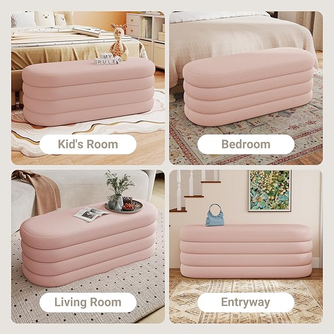 Storage Ottoman Bench 49.2 Inch Upholstered Fabric Storage Bench for Bedroom End of Bed Aesthetic Large Oval Ottoman for Living Room Entryway (Pink)