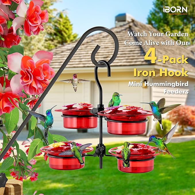 iBorn Small Hummingbird Feeder Hummingbird Feeders for Outdoors Hanging 4PCS 3OZ Mini Humming Bird Feeder with 3 Bee Guard Feeding Ports Silicone Flower Red