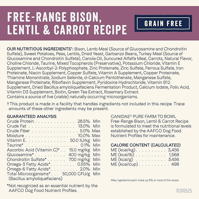 Canidae Pure Farm to Bowl Free-Range Bison, Lentil & Carrot, Adult, Grain-Free Dry Dog Food, 10lb