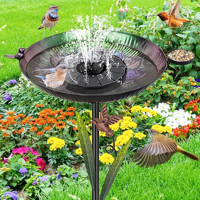 41.5" Metal Bird Bath for Outside, Detachable Birdbath Sturdy 5-Prong Stake Base with Bowl & Decorative Birds, Durable Iron Garden Birdbath & Feeder for Patio Wildlife Décor (Purple to Green)