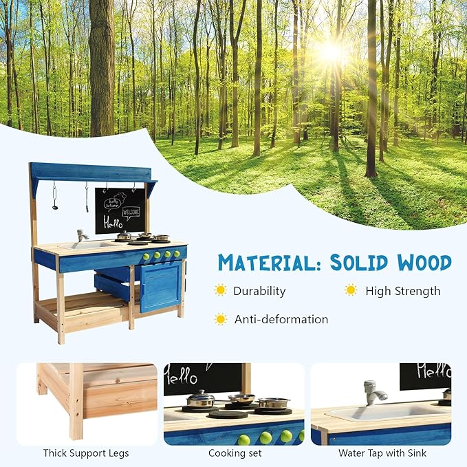 Mud Kitchen Playset for, Outdoor Wooden Toy Play Kitchen Set for Boys and Girls, Kitchen Accessories and Garden Sink with Faucet, Blackboard, Cookware Pot (Blue)