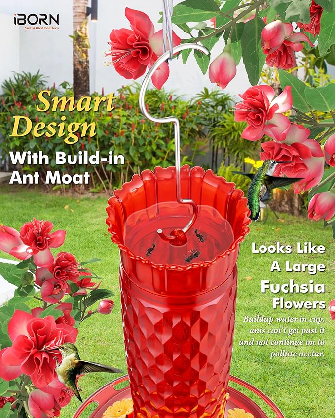 iBorn Hummingbird Feeders for Outdoors 16OZ Bird Feeders for Outdoors Hanging, Hummingbird Feeder with 8 Bee Guard Feeding Ports & Built-in Ant Moat, Silicone Flower, Red Honeycomb Exterior