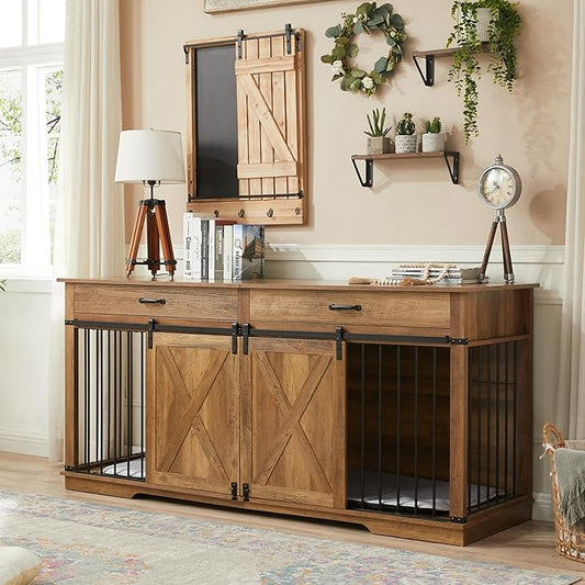 72.5" Extra Large Furniture Style Double Dog Crates for Large Breeds, XXL Wooden Dog Kennel Furniture with Drawers, Divider, Water Resistant & Barn Door for 2 Dogs, Rustic Oak