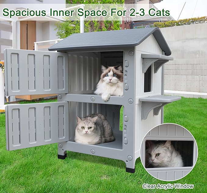Rockever Plastic Insulated Outdoor Cat House with Escape Door, 2 Story Waterproof Cat House for Outdoor Cats for Feral Cats, Elevated Outside Cat Shelter, Clean and Assemble Easily