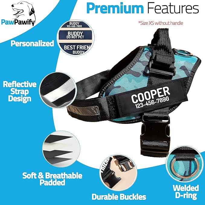 PawPawify Custom No Pull Dog Harness with Name and Phone Number, Heavy Duty Personalized Pet Vest to Prevent Tugging, Pulling, or Choking, Training and Walking (Camouflage Blue, XS (Chest 14-17in))