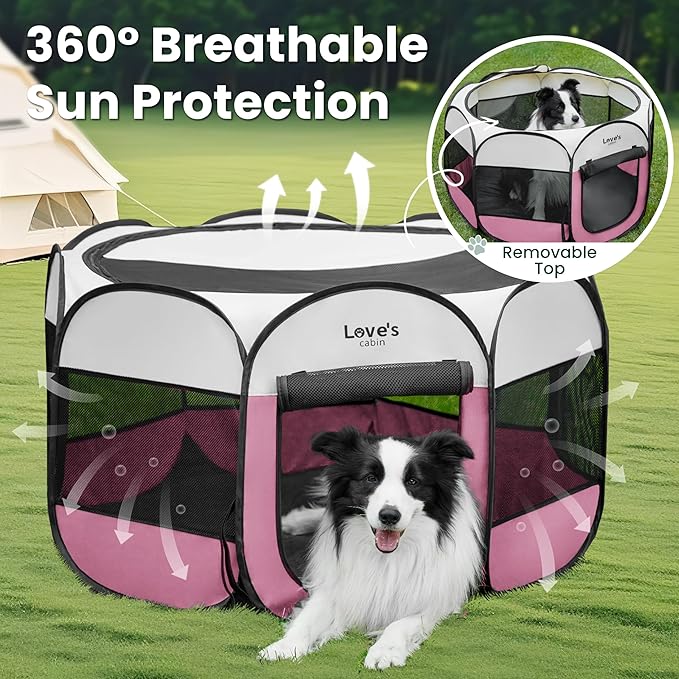 Love's cabin Pet Puppy Dog Playpen, Medium Dog Tent Crates Cage Indoor/Outdoor, Portable Playpen for Cat, Foldable Pop Up Dog Kennel Playpen with Carring Case, Removable Zipper Top, Pink