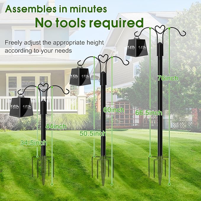 XDW-GIFTS Shepherds Hooks for Outdoor, 2-Pack 76 Inch Heavy Duty Bird Feeder Pole, Garden Pole for Hanging Plants, Lantern, Hummingbird Feeder, Hanging Plant Stand with 5 Base Prongs