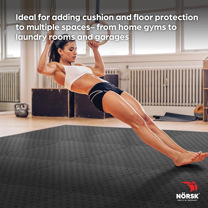 Norsk Foam Floor Gym Mats with Interlocking Tiles, .47" Thick, 24"x24", 24-Pack, 96 Square Feet, Diamond Plate Design, Black