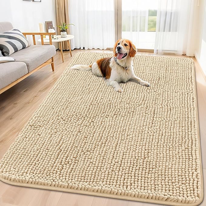 Smiry Dog Door Mat for Muddy Paws 71x46, Absorbs Moisture and Dirt Doormat, Non-Slip Washable Quick Dry Chenille Front Door Mat Indoor Entrance, Entryway Carpet for Inside Floor, Beige