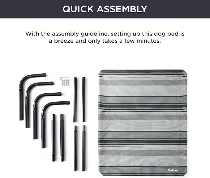 Bedsure Outdoor Elevated Dog Bed Large Sized Dog, Portable Indoor & Outdoor Cooling Raised Cot Pet Hammock Bed with Skid-Resistant Feet, Frame with Breathable Mesh, Striped Grey, 49 inches