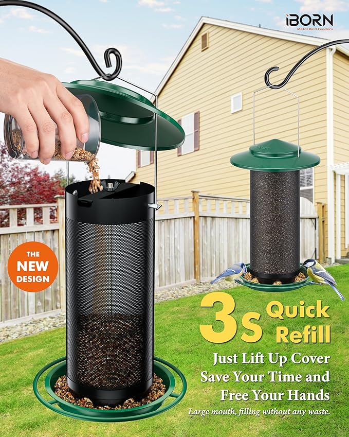 iBorn Bird Feeders for Outdoors, All Metal Mesh Tube, Holding Bird Seed for Outside Feeders,18cm Large Roof, Green, 2.8lb(Seed is not Included)