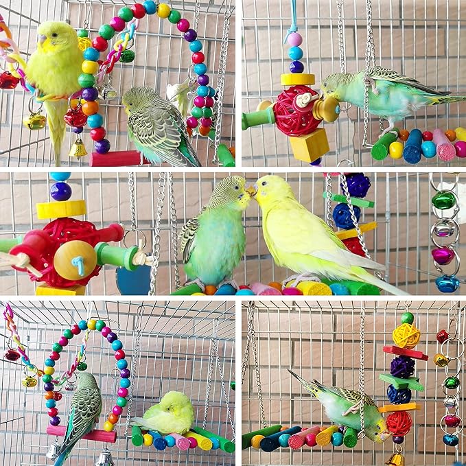 8 Pcs Parakeet Cockatiel Bird Toys, Parrots Cage Accessories Swing Wooden Perch Chewing Toy for Budgerigar, Conures, Love Birds, Finches, Budgies