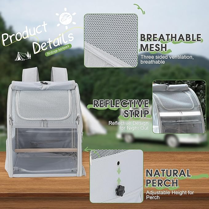 Sanmoncare Bird Backpack Carrier, Water Repellent Fabric Cockatiel Travel Bag with Stand, Lightweight and Portable Travel Cage for Parrot, Bird Travel Carrier