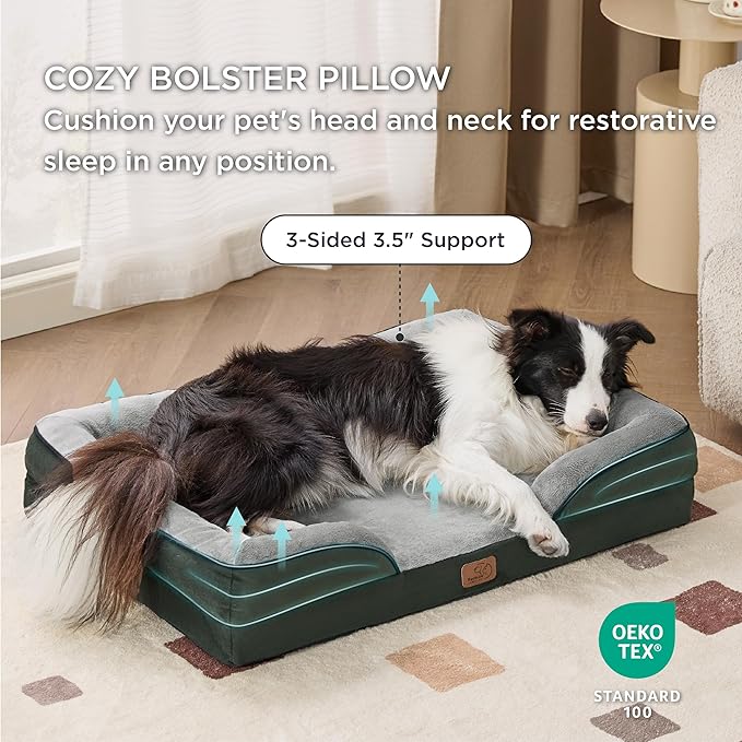 Bedsure Orthopedic Dog Beds Large Sized Dog - Washable Large Dog Cat Bed Waterproof, Comfort Dogs Couch Sofa with Washable Removable Cover, Pet Bed with Nonskid Bottom, Boreal Canopy Green, 35"