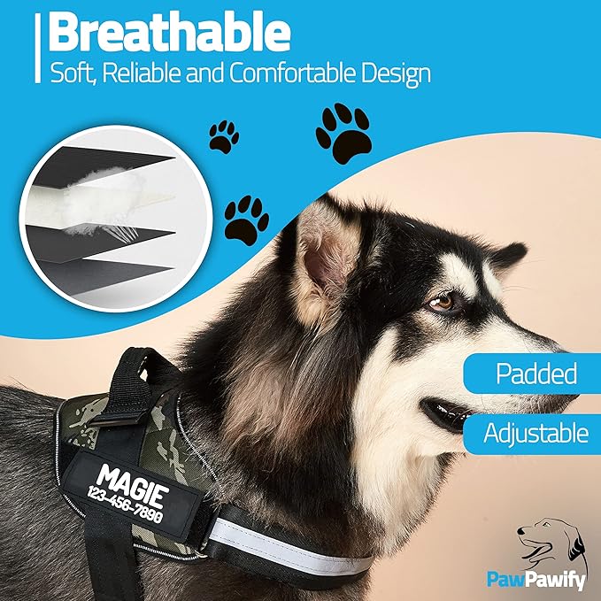 PawPawify Custom No Pull Dog Harness with Name and Phone Number, Heavy Duty Personalized Pet Vest to Prevent Tugging, Pulling, or Choking, Training and Walking (Camouflage Green, XS (Chest 14-17in))