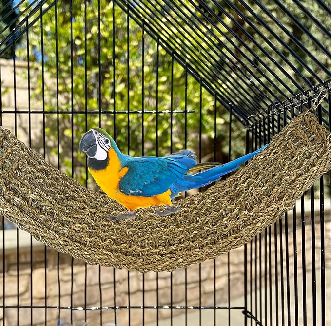 SIMENA Seagrass Mat for Birds, Natural Grass Woven Bird Net Hammock, Climbing Rope Ladder, Chew Toys for Parrots Lovebirds Cockatiels Conures Budgies, Cockatoos (Large)