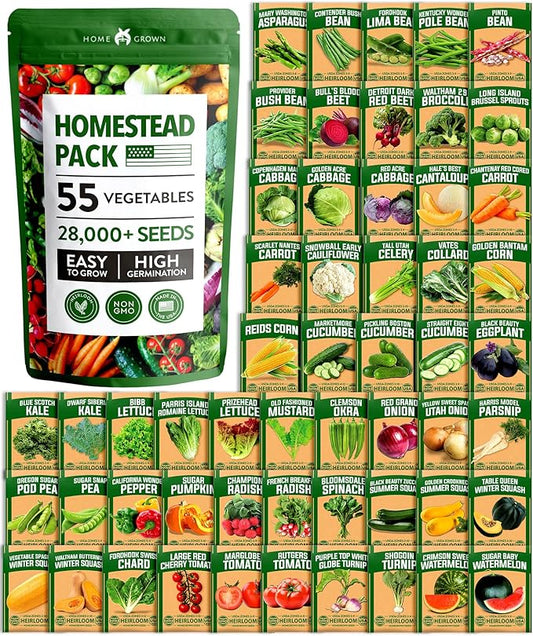 HOME GROWN 𝗨𝗦𝗔 𝗣𝗥𝗘𝗠𝗜𝗨𝗠 55 Vegetable Seeds Pack 28,000+ Non-GMO Heirloom Seeds for Planting, Spring Fall Winter Garden Kit, Survival Seed Vault for Preppers & Gardeners, Gift for Men & Women