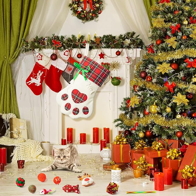 MALLMALL6 11Pcs Christmas Cat Stocking Toys Interactive Cat Toys Pack Including Feather Teaser Wand Catnip Mouse Crinkle Bells Ball Spring Toys for Indoor Cats, Christmas Hanging Stocking for Pet Cats