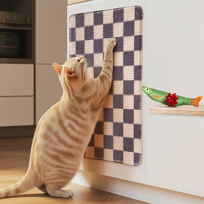 Sisal Cat Scratcher, [+ Catnip Fish Toy], Cat Wall Scratcher, Couch Protector from Cat Scratching, 24 X 15.8 with 12 Adhesive Velcro Stripes. (Checkered)