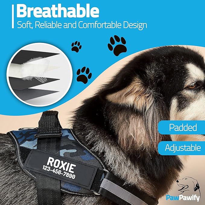 PawPawify Custom No Pull Dog Harness with Name and Phone Number, Heavy Duty Personalized Pet Vest to Prevent Tugging, Pulling, or Choking, Training and Walking (Camouflage Navy, S (Chest 16-21in))