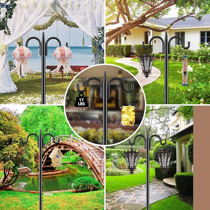 Gtongoko Bird Feeder Pole Squirrel Proof, 108 Inch Double Shepherds Hook for Outdoor with Squirrel Baffles Adjustable Heavy Duty with 5 Prongs Base for Hanging Plants, Bird Feeders, Black