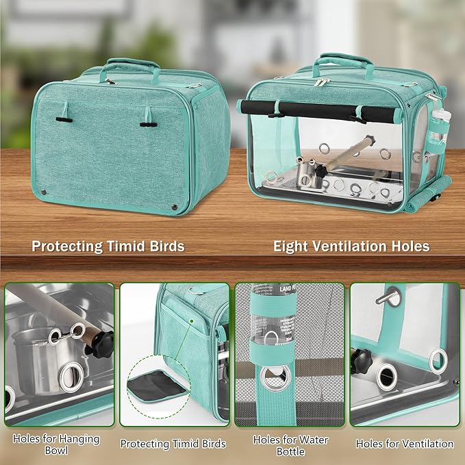 Suertree Bird Carrier Airline Approved, Bird Travel Cage with Indestructible Stainless Steel Mesh, Bird Travel Bag Lightweight and Portable with Water Bottle and Bowl