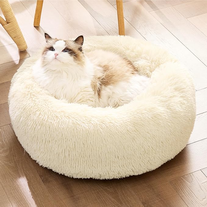 Bedsure Calming Cat Beds for Indoor Cats - Small Cat Bed Washable 20 inches, Anti-Slip Round Fluffy Plush Faux Fur Pet Bed, Fits up to 15 lbs Pets, Ivory Beige
