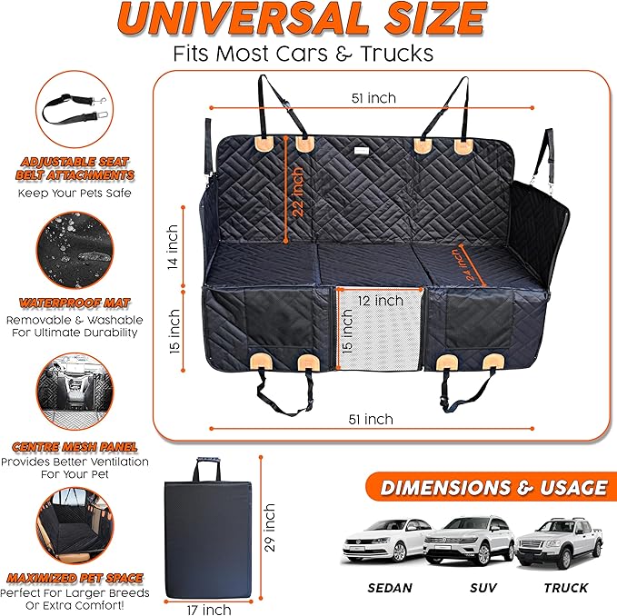 Back Seat Extender for Dogs Hard Bottom- Sturdy Dog Hammock for Car Hard Bottom Car Seat Cover for Dogs with Hair Remover, Seatbelt, Carrying Bag - Dog Backseat Cover SUV, Truck