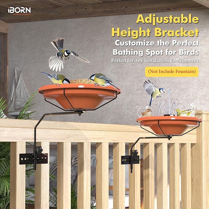iBorn Bird Bath for Outside，Fence Mounted Bird Bath，Bird Baths for Outdoors, 12in BPA-Free Bowl，360°Swivel & Adjustable Height Bracket，Detachable Bird Bath for Fence Railing, Pack of 1